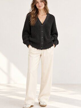 Qualfort Charcoal Waffle Knit Button Cardigan Distressed Hem S
